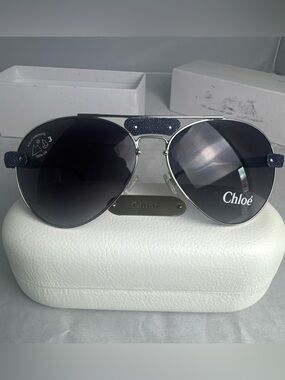 Pre-owned New Mint Chloe Sunglasses Aviators Blue Denim Trim